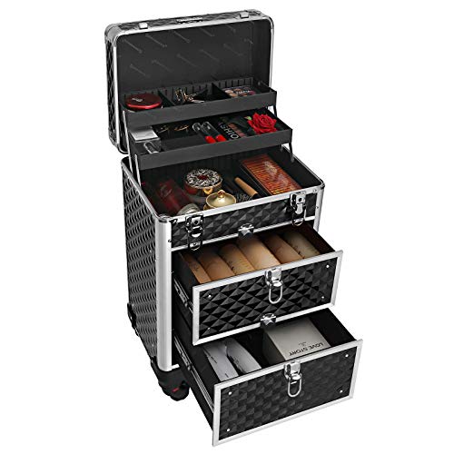 SONGMICS Maleta para Maquillaje, Maletín para Maquillaje, Ruedas del Tipo Multidireccional Desmontables Dos Bandejas Cajones con Guías Asa Telescópica Reforzada para Viaje Trabajo Negro JHZ08BK