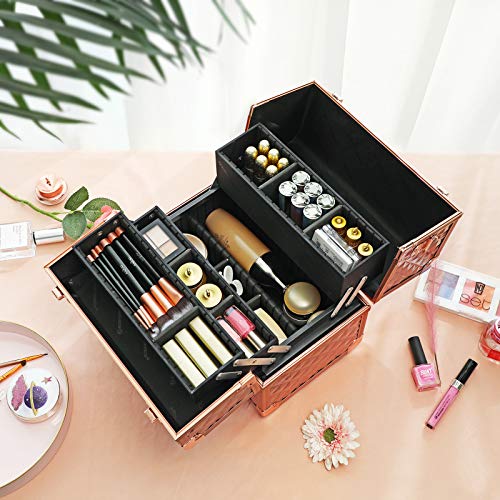 SONGMICS Maletín de Maquillaje, Estuche de Cosméticos, Organizador de Cosméticos de Viaje para Peluqueros y Maquilladores, con Cerradura y Correa de Hombro, Láser Oro Rosa JBC323RD