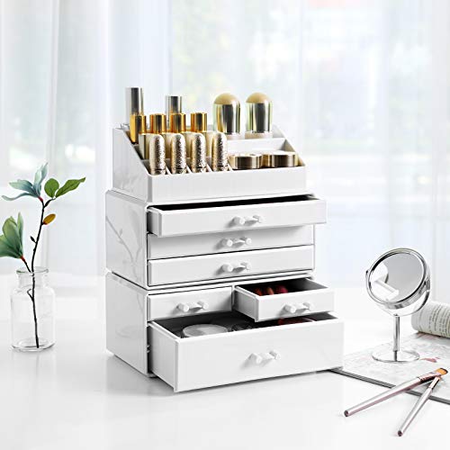 SONGMICS Organizador de Maquillaje Acrílico Grande, Caja de Cosméticos Apilable con 6 Cajones, para Paleta, Cepillo, Base de Maquillaje, Lápiz Labial, Esmalte de uñas, Regalo, Blanco JKA009WT