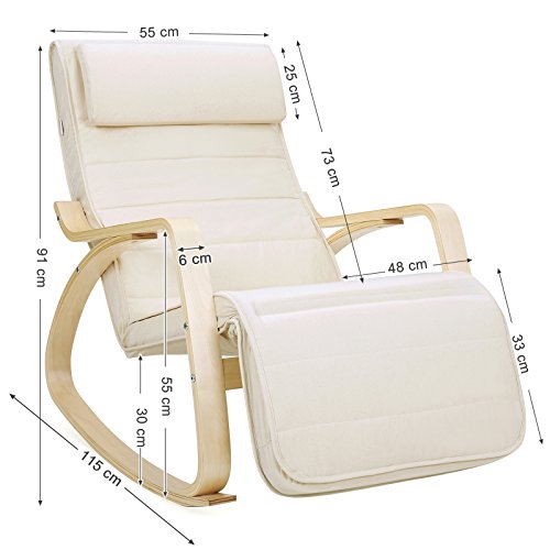 SONGMICS Silla Mecedora con Apoyabrazos de Madera de Abedul, Silla Mecedora con Reposapiés Ajustable en 5 Posiciones, Capacidad de Carga Máxima 150 kg, Dormitorio, Salón, Beige LYY10M