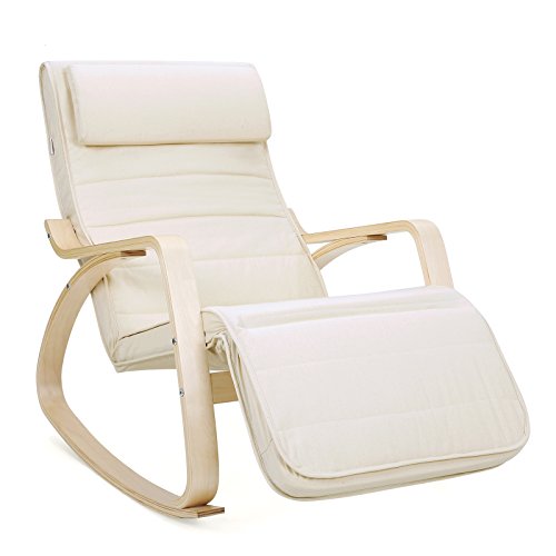 SONGMICS Silla Mecedora con Apoyabrazos de Madera de Abedul, Silla Mecedora con Reposapiés Ajustable en 5 Posiciones, Capacidad de Carga Máxima 150 kg, Dormitorio, Salón, Beige LYY10M