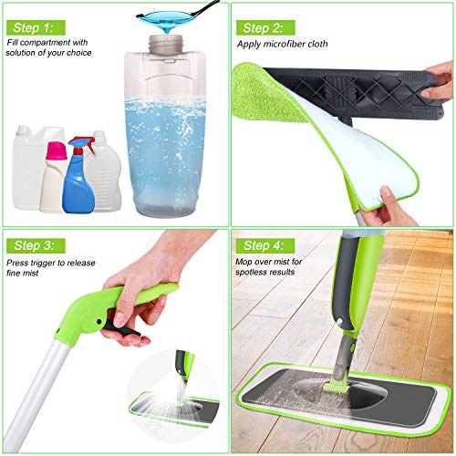 Spray Mop, Tencoz Fregona con vaporizador Integrado Limpiador de Ventanas y Escoba Barredora de Empuje Manual con Almohadilla de Microfibra Reutilizable Aplicable en Seco y Húmedo Limpieza(300ml)