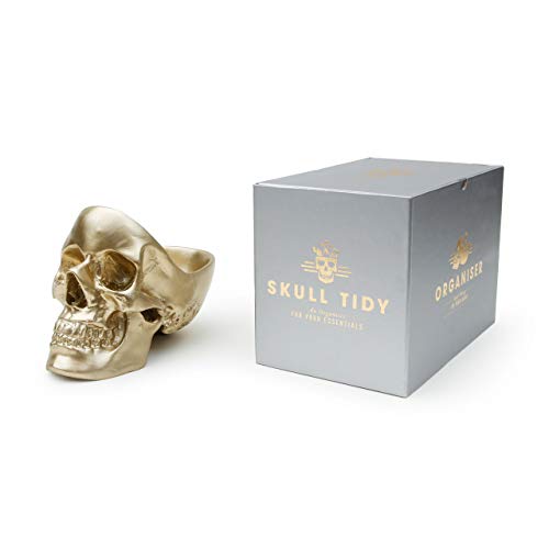 SUCK UK Skull Tidy, Caja, Organizador, Joyero y Estuche Dorado: Perfecto para Guardar Llaves, Joyas, artículos de papelería, Monedas, cosméticos o Accesorios, Plástico Polyresin, 12.5 x 16 x 21.5 cm