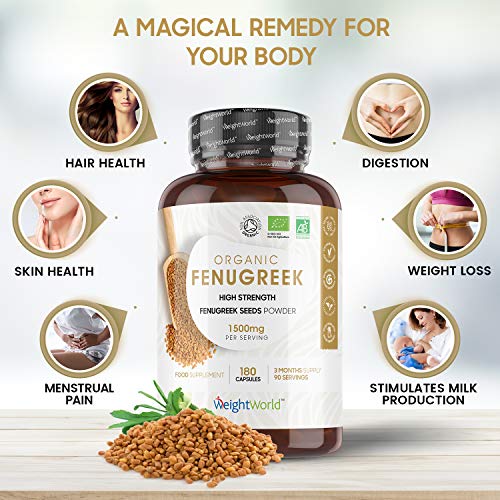 Suplemento Puro Orgánico de Fenogreco Cápsulas 1500mg, 180 Cápsulas | Mejora Sistema Inmunológico, Suplemento Natural para la Lactancia Materna, Control del Peso, Menopausia y Testosterona, Vegano