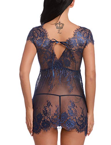 Sykooria Conjunto de lencería de Encaje Sexy Babydoll Nightwear Chemise Deep V- Cuello camisón