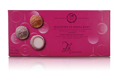 Ta Milano 10 Bombones de Chocolate Rosa Ruby, con praliné de Fruta de la pasión y Fresa - 110 gr