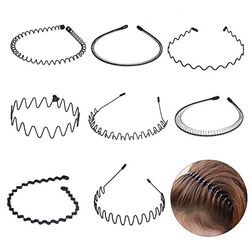 TAZEMAT 8 pcs Diadema de Metal Ondulado Unisex Banda Deportiva Metálica para Mujeres y Hombres Herramienta para Peinado Aro para el Pelo Accesorio para Cabeza Color Negro