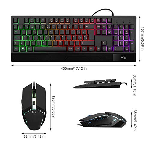 Teclado Gaming Rii RM400 Combo Rainbow Retroiluminación ,Teclado y Ratón con Cable,ratón gaming ,12 teclas multimedia y 19 teclas anti fantasma para Windows/Vista /Linux/Mac (Teclado Español,Negro)