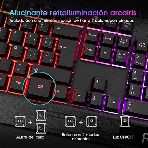 Teclado Gaming Rii RM400 Combo Rainbow Retroiluminación ,Teclado y Ratón con Cable,ratón gaming ,12 teclas multimedia y 19 teclas anti fantasma para Windows/Vista /Linux/Mac (Teclado Español,Negro)