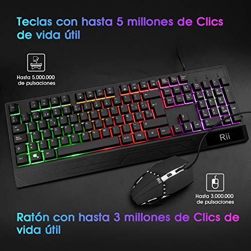 Teclado Gaming Rii RM400 Combo Rainbow Retroiluminación ,Teclado y Ratón con Cable,ratón gaming ,12 teclas multimedia y 19 teclas anti fantasma para Windows/Vista /Linux/Mac (Teclado Español,Negro)