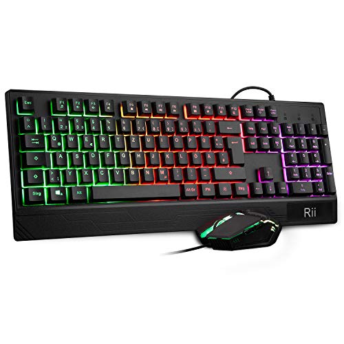 Teclado Gaming Rii RM400 Combo Rainbow Retroiluminación ,Teclado y Ratón con Cable,ratón gaming ,12 teclas multimedia y 19 teclas anti fantasma para Windows/Vista /Linux/Mac (Teclado Español,Negro)