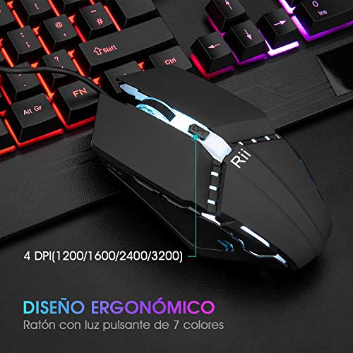 Teclado Gaming Rii RM400 Combo Rainbow Retroiluminación ,Teclado y Ratón con Cable,ratón gaming ,12 teclas multimedia y 19 teclas anti fantasma para Windows/Vista /Linux/Mac (Teclado Español,Negro)