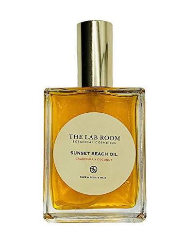 The Lab Room Sunset Beach Oil 100ml Cuidado de la piel después del sol - Cosméticos botánicos para el cabello y el cuerpo - Prolongar el bronceado hidratando profundamente la piel - Caléndula y coco.