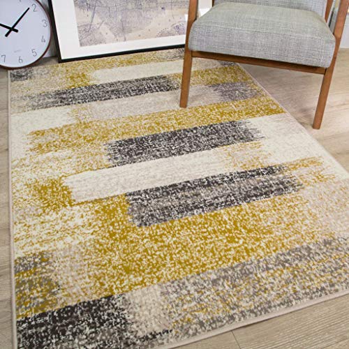 The Rug House Milan Alfombra de Tejido Ikat con diseño a Rayas moteada descolorida Color Amarillo Ocre Mostaza Gris Beige Crema 120cm x 170cm