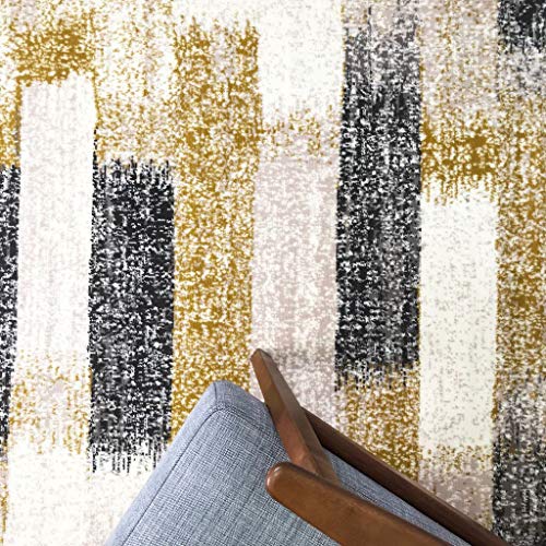 The Rug House Milan Alfombra de Tejido Ikat con diseño a Rayas moteada descolorida Color Amarillo Ocre Mostaza Gris Beige Crema 120cm x 170cm