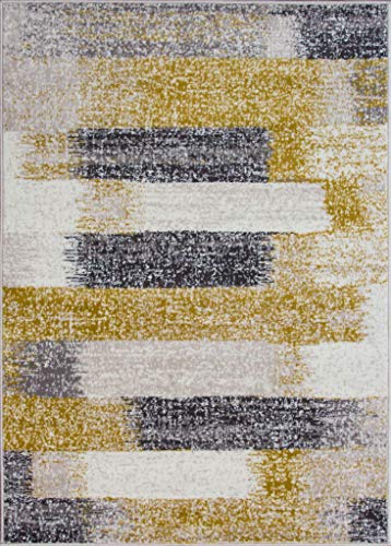 The Rug House Milan Alfombra de Tejido Ikat con diseño a Rayas moteada descolorida Color Amarillo Ocre Mostaza Gris Beige Crema 120cm x 170cm