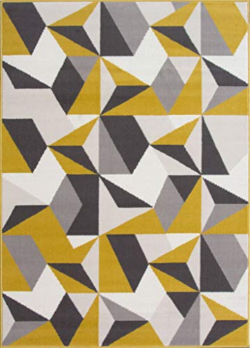 The Rug House Milan Alfombra para Sala de Estar con diseño geométrico caleidoscopio Tradicional Color Amarillo Ocre Mostaza Gris Beige 120cm x 170cm (3'11" x 5'7")