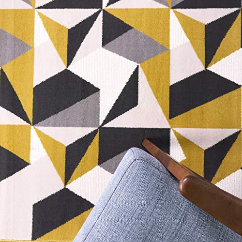 The Rug House Milan Alfombra para Sala de Estar con diseño geométrico caleidoscopio Tradicional Color Amarillo Ocre Mostaza Gris Beige 120cm x 170cm (3'11" x 5'7")