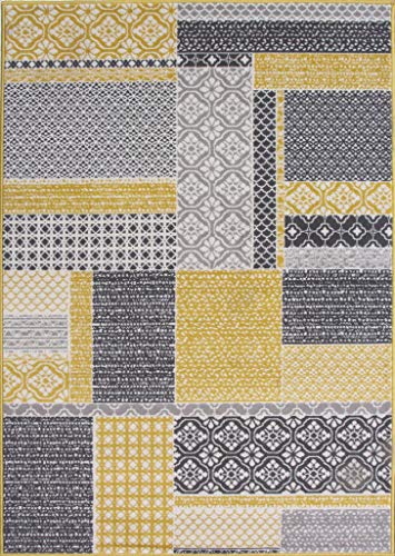 The Rug House Milan Color Ocre Amarillo Mostaza Gris Beige en Cuadros de Patchwork Tradicional Alfombra de salón 120cm x 170cm