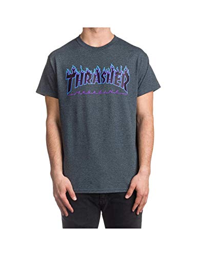 THRASHER Flame Camiseta, Unisex Adulto, Dark Heather, L