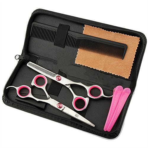 Tijeras Peluqueria Profesional con Navaja Kit Tijeras de Peluqueria completa Acero Inoxidable 6 pulgadas para Peluquero y Salón Tijeras Pelo Plateado, Rosa