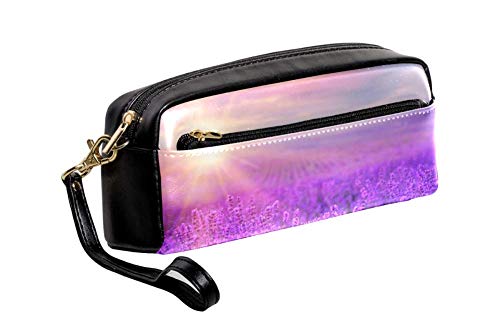 TIZORAX Sunset Violeta Lavanda Campo Estuche De Cuero PU Estudiantes Estacionarios Bolsa De Maquillaje Bolsa De Cosméticos