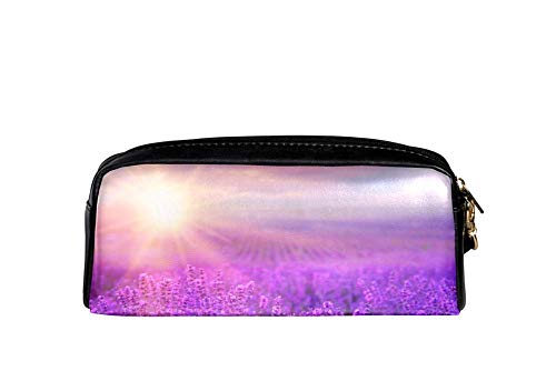 TIZORAX Sunset Violeta Lavanda Campo Estuche De Cuero PU Estudiantes Estacionarios Bolsa De Maquillaje Bolsa De Cosméticos