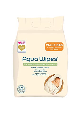 Toallitas húmedas Aqua Wipes, (Bolsa de 4 x 64 paquetes de toallitas húmedas (256 toallitas)), (64 toallitas por paquete), AQW64F4B, Vegana, Biodegradable, sin plástico, 99.6% de agua purificada