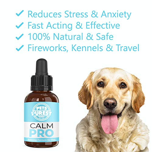 Tranquilizante Para Perros Alivia la Ansiedad Calm PRO 100% Natural Pets Purest para Perros Gatos Caballos Conejos Aves Alivia el Estrés y Ansiedad Jaulas, Ruidos Fuertes, Fuegos Artificiales 50ml