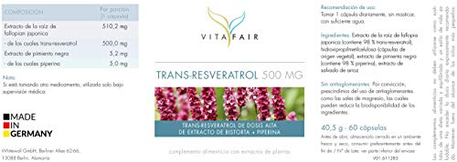 Trans-Resveratrol - 500mg por Porción - 60 Cápsulas - Extracto de Raíz de Fallopia Japonesa - Vegano - Máxima biodisponibilidad - German Quality