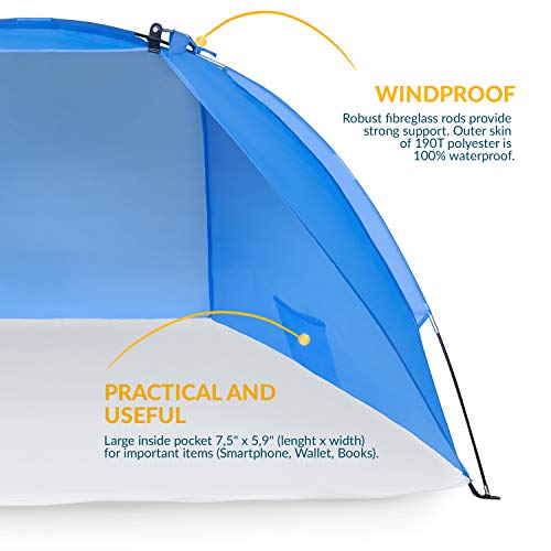 TRESKO® Tienda de Playa Anti UV 50+ | Carpa de Refugio de Sol | Tienda de Campaña con Protección Solar Portátil y Plegable