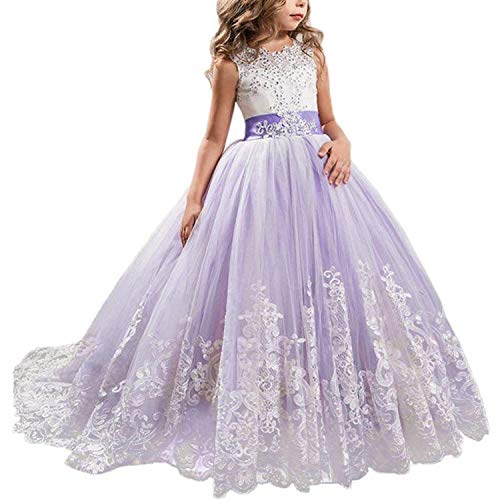 TTYAOVO Vestido de Novia Princesa de Encaje hasta el Suelo para Niñas Vestidos de Tul 10-11 Años Púrpura