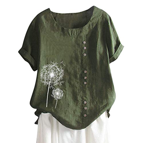 TUDUZ Blusas Mujer Manga Corta Verano Lino Camisas O-Cuello Botón Tops Tamaño M-5XL (Verde.a, L)