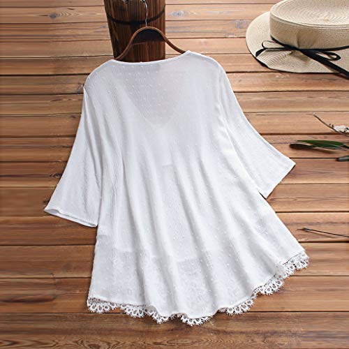 TUDUZ Blusas Mujer Manga Corta Verano Sólido O-Cuello Bolsillos De Lino Camisas Camisetas Moda 2019 (Blanco-B, L)