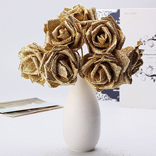 Tutoy 7pcs Ramo Artificial Brillo Espuma Flores Artificiales Boda Nupcial Fiesta decoración DIY Rose - Oro