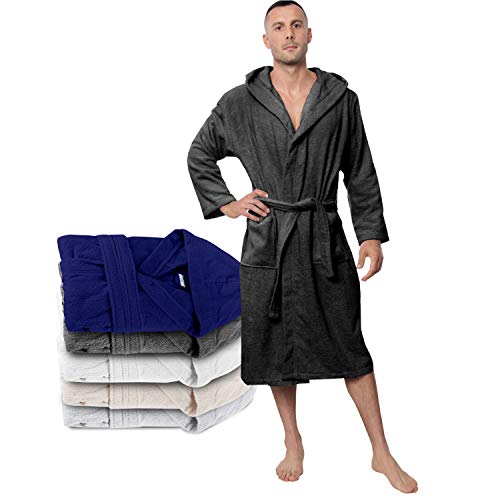 Twinzen Bata Hombre, Albornoz de baño (XXL, Gris Oscuro) - Oeko Tex, No Producto Químico - Albornoz de Algodón con Capucha, 2 Bolsillos, Cinturón para Hombre - Bata Baño Suave, Absorbente y Cómoda