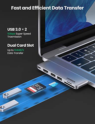 UGREEN HUB USB C 6 En 1, Adaptador Macbook Pro 13'' a 2 Puertos USB 3.0, 4K HDMI, Lector de Tarjeta SD TF, USB C Thunderbolt 3 100W PD Carga para Macbook Pro 2020 2019 2018 16'' Macbook Air 2020 2019