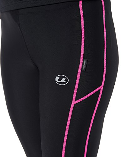 Ultrasport Pantalones largos de correr para mujer, con efecto de compresión y función de secado rápido, Negro/Rosa Neón, M