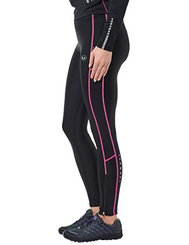 Ultrasport Pantalones largos de correr para mujer, con efecto de compresión y función de secado rápido, Negro/Rosa Neón, M