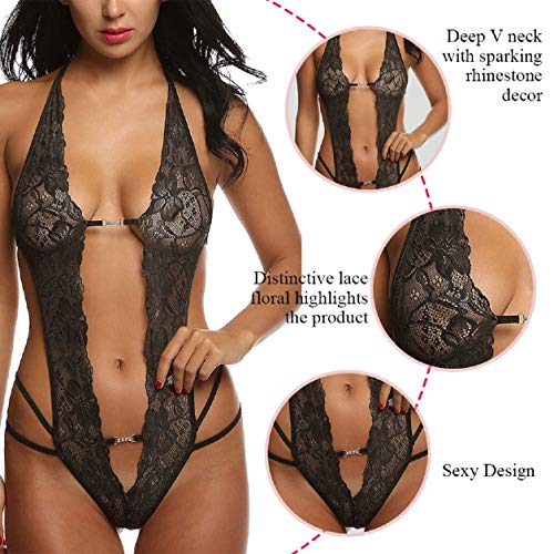 UMIPUBO Mujer Ropa de Dormir Conjunto Sexy Transparente Lingerie Escotado por Detrás Lace Lenceria Erotica Babydoll Ropa Interior (Negro)