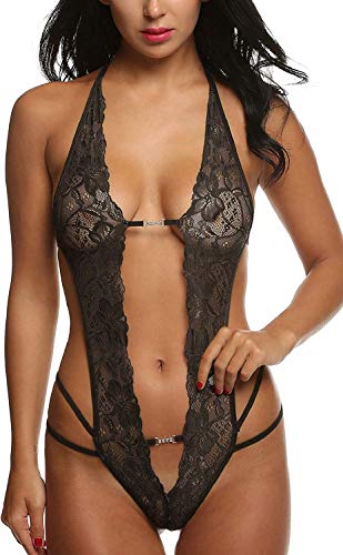 UMIPUBO Mujer Ropa de Dormir Conjunto Sexy Transparente Lingerie Escotado por Detrás Lace Lenceria Erotica Babydoll Ropa Interior (Negro)