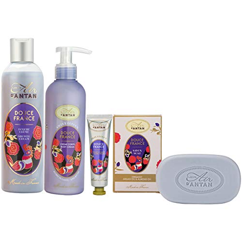 Un Air d’Antan® Caja Belleza Douce Mujer, 1 Jabon 100g, 1 Gel Ducha 250ml,1 Crema Corporal 200ml, 1 Crema de Manos 25ml|Perfume Almendras Dulce, Higo|Navidad Regalo Mujer Originales Cumpleaños