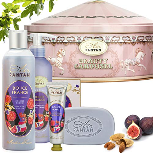 Un Air d’Antan® Caja Belleza Douce Mujer, 1 Jabon 100g, 1 Gel Ducha 250ml,1 Crema Corporal 200ml, 1 Crema de Manos 25ml|Perfume Almendras Dulce, Higo|Navidad Regalo Mujer Originales Cumpleaños