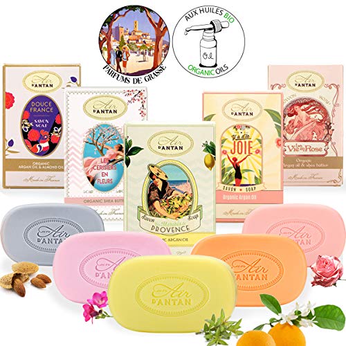 Un Air d’Antan® Pack x5 Jabon Tradicional Perfumado con Manteca de Karite Organico y Aceite de Argan Bio|4 Perfumes Originales Verbena, Rosa, Lirio de los Valles, Almendras |Formula Hidratante| 5x100g