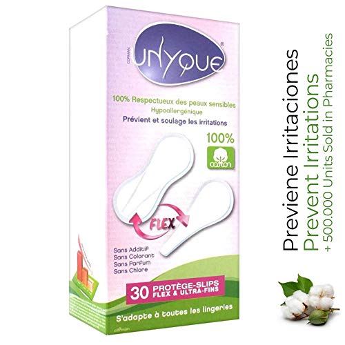 UNYQUE Protege Slips Flex de Algodon Puro 100% - Salvaslips Hipoalergénicos Suaves Ultrafinos y Adaptables Flexiform – Apto Pieles Sensibles - 30 Unidades