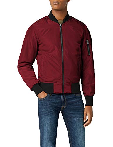 Urban Classics Cazadora de Hombre Chaqueta Bomber de Estilo Urbano, en Burdeos con Cuello, Cintura y Puños Negros a Contraste, Cierre con Cremallera, burgundy/black, M