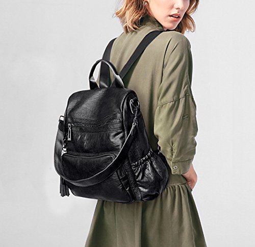 UTO - Bolso Mochila de Mujer Cuero Sintético Bolso Bandolera Bolso Escolar con Bolsillos Laterales con Borlas Negro