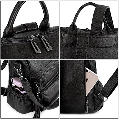 UTO - Bolso Mochila de Mujer Cuero Sintético Bolso Bandolera Bolso Escolar con Bolsillos Laterales con Borlas Negro