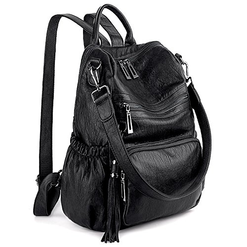 UTO - Bolso Mochila de Mujer Cuero Sintético Bolso Bandolera Bolso Escolar con Bolsillos Laterales con Borlas Negro