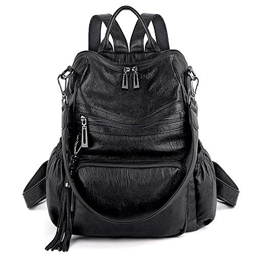 UTO - Bolso Mochila de Mujer Cuero Sintético Bolso Bandolera Bolso Escolar con Bolsillos Laterales con Borlas Negro